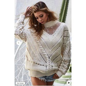 Bibi Boho Lace Neck Cutout Slouch Oversized Cream Sweater